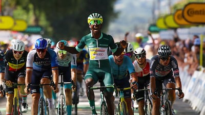 Intermarche-Wanty's Biniam Girmay celebrates winning Stage 12 of the Tour de France on July 11, 2024. Reuters