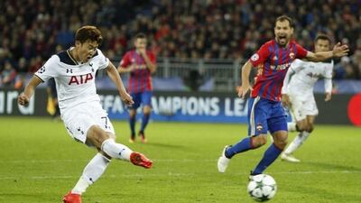 Tottenham’s Son Heung-min scores their first goal against CSKA Moscow. John Sibley / Reuters