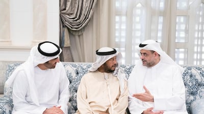 Sheikh Sultan bin Mohamed Al Qasimi, Crown Prince of Sharjah, right, talks to Sheikh Sultan bin Zayed and Sheikh Saeed bin Zayed. Hamad Al Kaabi / Crown Prince Court - Abu Dhabi