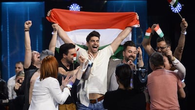 Hungary's Freddie reacts after his song 'Pioneer' qualified during the First Semi-Final of the 61st annual Eurovision Song Contest at the Ericsson Globe in Stockholm, Sweden. Maja Suslin / EPA