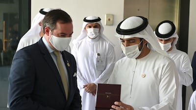 Sheikh Hamdan bin Mohammed, Crown Prince of Dubai, tours the Luxembourg pavilion at Expo 2020 Dubai with Prince Guillaume, Hereditary Grand Duke of Luxembourg