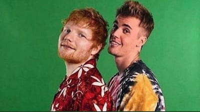 Justin Bieber posted this pic of himself and Ed Sheeran to tease the forthcoming single. Twitter.
