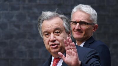 United Nations Secretary General Antonio Guterres arrives at 10 Downing Street for a meeting with British Prime Minister Theresa May in London, Britain, 02 May 2018. Andy Rain / EPA