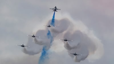 South Korean Air Force aerobatics team Black Eagles perform during the Seoul International Aerospace and Defence Exhibition in Seongnam. EPA