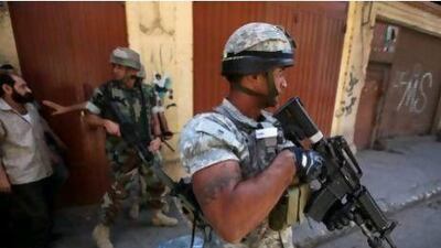 Lebanese soldiers on patrol in Tripoli today.