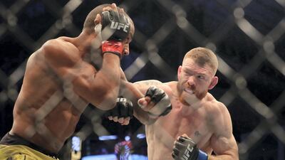 Abu Dhabi, United Arab Emirates - September 07, 2019: Lightweight bout between Edson Barboza and Paul Felder (blue shorts, winner) in the Main card at UFC 242. Saturday the 7th of September 2019. Yas Island, Abu Dhabi. Chris Whiteoak / The National