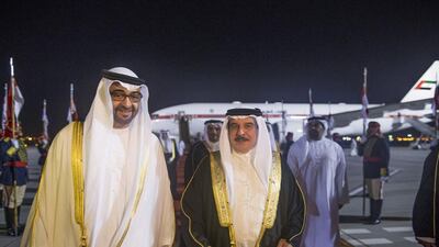 Sheikh Mohammed bin Zayed, Crown Prince of Abu Dhabi and Deputy Supreme Commander of the Armed Forces, is welcomed by King Hamad bin Isa Al Khalifah of Bahrain, on his arrival in Manama yesterday. King Hamad hosted a lunch banquet in honour of Sheikh Mohammed and the UAE delegation. Wam