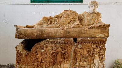 A view of a Dionysiac stone sarcophagus depicting the god Dionysius riding a lion, on display at the Cyrene Museum which houses Greco-Roman artefacts, in the eastern Libyan town of Shahat, near the ruins of the ancient city of Cyrene. AFP