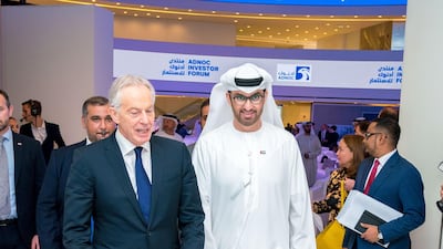 Tony Blair, former prime minister of the UK and executive chairman of the Institute for Global Change with Adnoc group chief executive and Minister of State Dr Sultan Al Jaber at Adnoc's global investor forum event at ADGM. Courtesy Adnoc