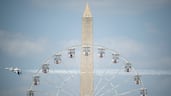 The US Air Force Thunderbirds display team perform above Washington's Great American State Fair, as the country marks its 250th anniversary. EPA