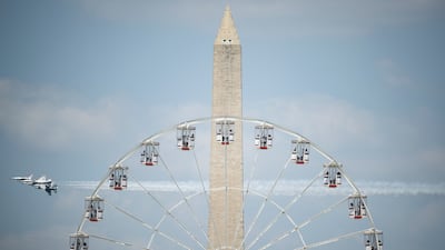 The US Air Force Thunderbirds display team perform above Washington's Great American State Fair, as the country marks its 250th anniversary. EPA