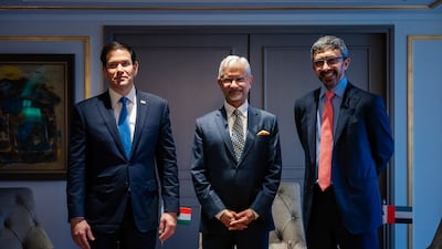 Sheikh Abdullah bin Zayed, Deputy Prime Minister and Minister of Foreign Affairs, with Subrahmanyam Jaishankar, India's External Affairs Minister, and Marco Rubio, US Secretary of State, in Mumbai. Wam