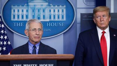 US President Donald Trump and National Institute of Allergy and Infectious Diseases Director Dr Anthony Fauci during a daily coronavirus task force briefing at the White House in April. Reuters