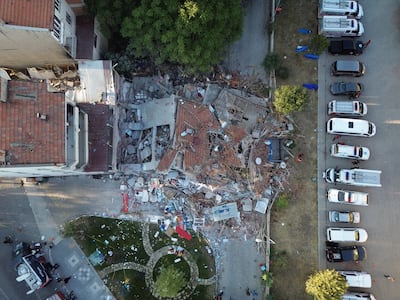 A drone view shows one of the collapsed buildings in Turkey's Balikesir province. Reuters