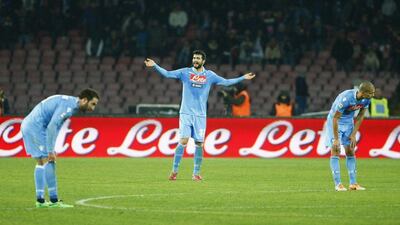 Raul Albiol, centre, scored Napoli's lone goal on Saturday. Carlo Hermann / AFP