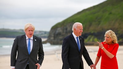 UK Prime Minister Boris Johnson with US President Joe Biden and his wife Jill at the G7 summit, in Cornwall, England. The leaders announced a tech partnership for Northern Ireland. EPA