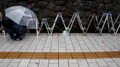 Stepladders used for election coverage by photographers are lined up outside of the ruling Liberal Democratic Party headquarters as Typhoon Lan approaches Japan's mainland in Tokyo. Issei Kato / Reuters