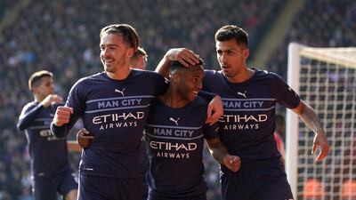 Raheem Sterling celebrates scoring Manchester City's opening goal in their 4-1 FA Cup quarter-final win over Southampton at St Mary's Stadium, on Sunday, March 20, 2022. PA
