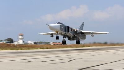 A Russian Sukhoi Su-24 bomber takes off from the Hmeimim airbase in the Syrian province of Latakia, October 3, 2015. AFP