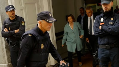 Ex-speaker of the Catalonia parliament Carme Forcadell leaving the Supreme Court in Madrid, after questioning of six Catalan politicians was suspended on Thursday, November 2, 2017. Francisco Seco / AP