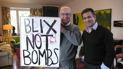 Film director Amir Amirani, right, interviewed UN weapons inspector Hans Blix for his documentary. Getty