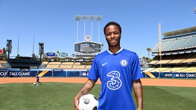 New Chelsea signing Raheem Sterling during a visit to Dodger Stadium in Los Angeles, California. All pictures by Getty Images