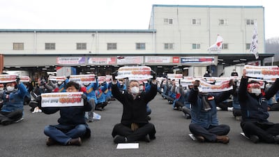 Delivery workers of South Korea's leading logistics company CJ Logistics Corporation protest in the capital Seoul over working conditions. EPA