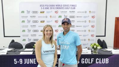 Mohamed El Shorbagy, right, and Laura Massaro, left, will be aiming to retain the PSA Dubai World Series Finals titles they won last year. Chris Whiteoak / The National