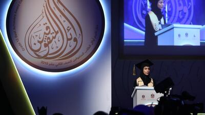 Alyazia Al Shamsi, from Al Ain, who addressed the audience as the student representative, congratulated her peers and thanked families and officials. Delores Johnson / The National