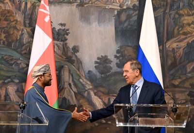 Russian Foreign Minister Sergey Lavrov, right, shakes hands with Oman's Foreign Minister Sayyid Badr Albusaidi at the end of a joint press conference. EPA