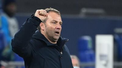 Bayern Munich manager Hansi Flick celebrates their third goal scored by Thomas Muller. Reuters