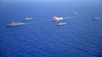 A Turkish research vessel escorted by Turkish Naval ships in the Mediterranean Sea. Turkish Defence Ministry