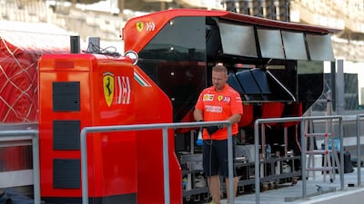 Abu Dhabi Grand Prix 2019 preparations. A Ferrari pit stop technician setting up some wires. Victor Besa / The National