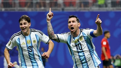 Argentina's Lionel Messi celebrates scoring the equaliser in the World Cup Round of 16 match against Egypt in Atlanta. Reuters