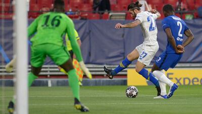 Chelsea defender Antonio Rudiger challenges FC Porto midfielder Sergio Oliveira during the UEFA Champions League quarter-final second leg at the Ramon Sanchez Pizjuan stadium in Seville. AFP