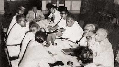 Cabinet Meeting of the United Front, a coalition between four parties in the hope of achieving autonomy in East Pakistan. Taken in 1956, the photo shows Sheikh Mujibur Rahman, a leader of the provincial government at the time. Courtesy Bangladesh Liberation War Museum