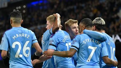 Manchester City players celebrate after Kevin De Bruyne, centre, scored the second. AP
