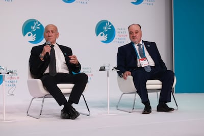 Ehud Olmert, left, and Nasser Al Qudwa at the Paris Peace Forum 2024. Photo: Capa / Paris Peace Forum