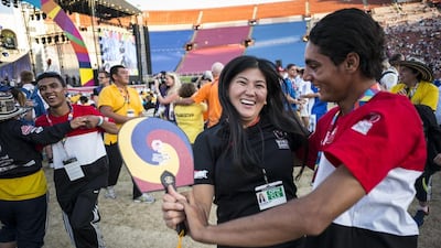 People dance together during the closing ceremonies of the Special Olympics World Games on August 2 in Los Angeles. David Crane / AP Images