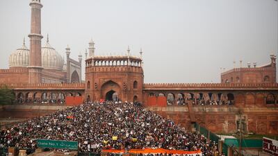 Indians gather for a protest against the Citizenship Amendment Act after Friday prayers outside Jama Masjid in New Delhi, India, Friday, December 20, 2019.AP Photo/Altaf Qadri