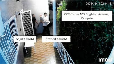 A court exhibit shows a frame grab taken from CCTV camera footage of Sajid and Naveed Akram allegedly exiting 103 Brighton Avenue in Campsie on December 14 carrying items wrapped in blankets. AFP
