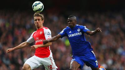 Chelsea's Ramires fights for the ball with Arsenal's Nacho Monreal during their 0-0 Premier League draw at the Emirates Stadium on Sunday. Paul Gilham / Getty Images