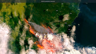 A satellite image released by Copernicus Sentinel Imagery shows wildfires burning across Australia, December 31, 2019. AP