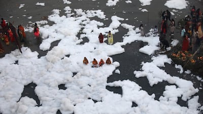 The festival celebrates devotion and cultural bonds, and is characterised by the distribution of fruits and sweetmeats. Bejewelled women in colourful saris visit the banks of rivers. EPA