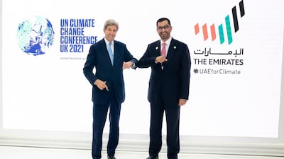 Dr Sultan Al Jaber, Minister of Industry and Advanced Technology, meets US Special Presidential Envoy John Kerry at Cop26. Photo: Office Of The UAE Special Envoy For Climate Change