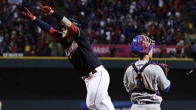 Cleveland Indians catcher Roberto Perez celebrates his home run against the Chicago Cubs in Game 1 of the World Series on Tuesday night. David J Phillip / AP Photo / October 26, 2016