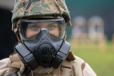 A US Marine in a gas mask. US Marine Corps