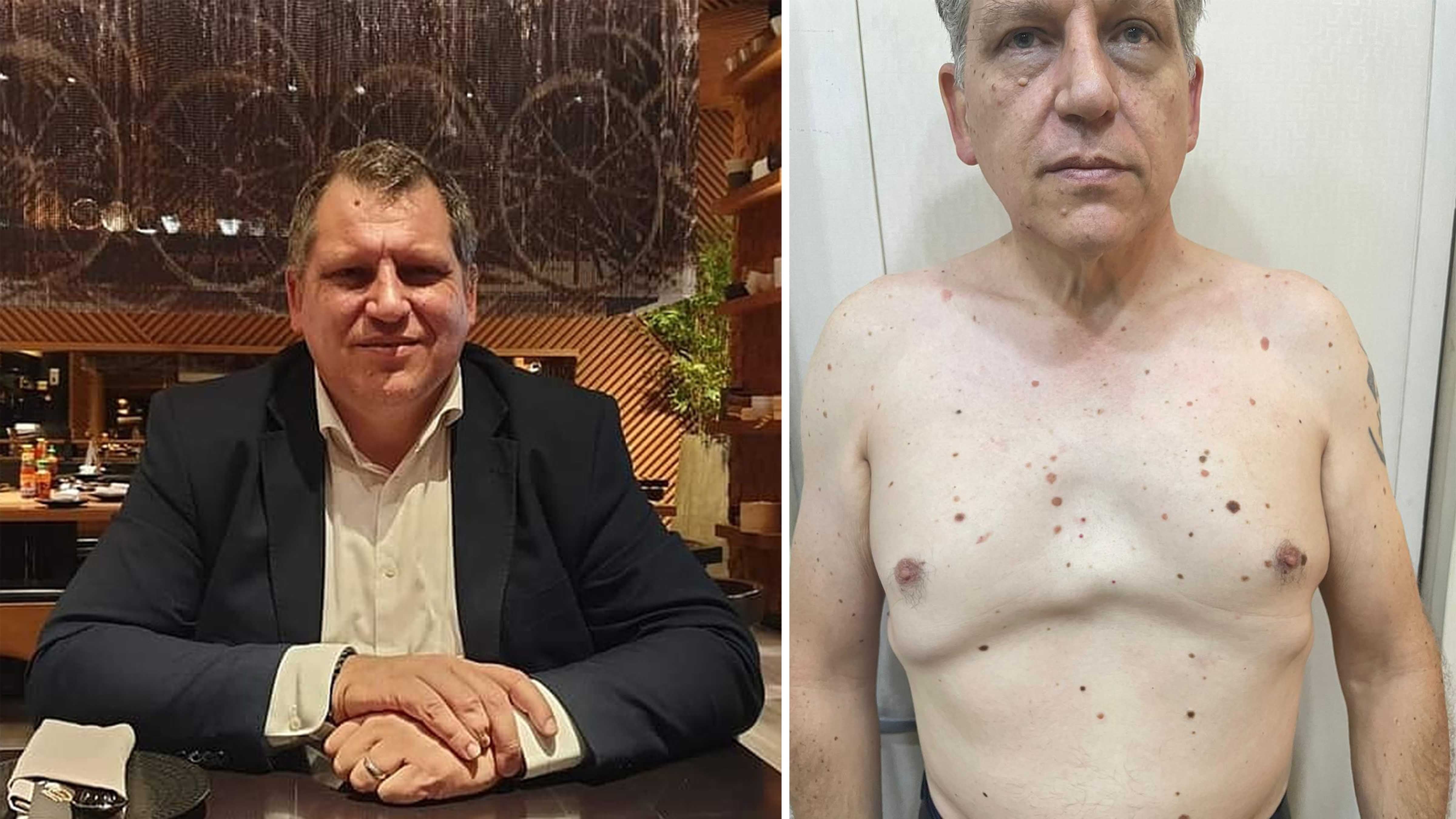 Robert Pether before, left, and during his detention in Baghdad. Photo: Supplied by Desree Pether