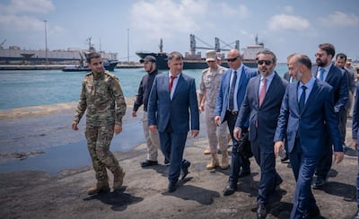 Syria’s Foreign Minister Asaad Al Shibani, second right, visited some of the coastal sites on the day the deal with Russia was announced. Photo: Sana