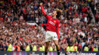 Manchester United's Hannibal Mejbri celebrates his goal. AP